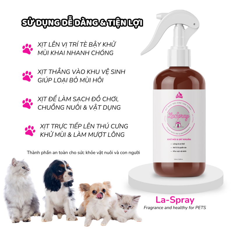 Xịt khử mùi, khử khuẩn Laspray - Khử sạch mùi hôi khai, làm sạch khu vệ sinh, ổ nằm, đồ chơi thú cưng, giúp thú cưng đi vệ sinh đúng chỗ - Hình ảnh 2